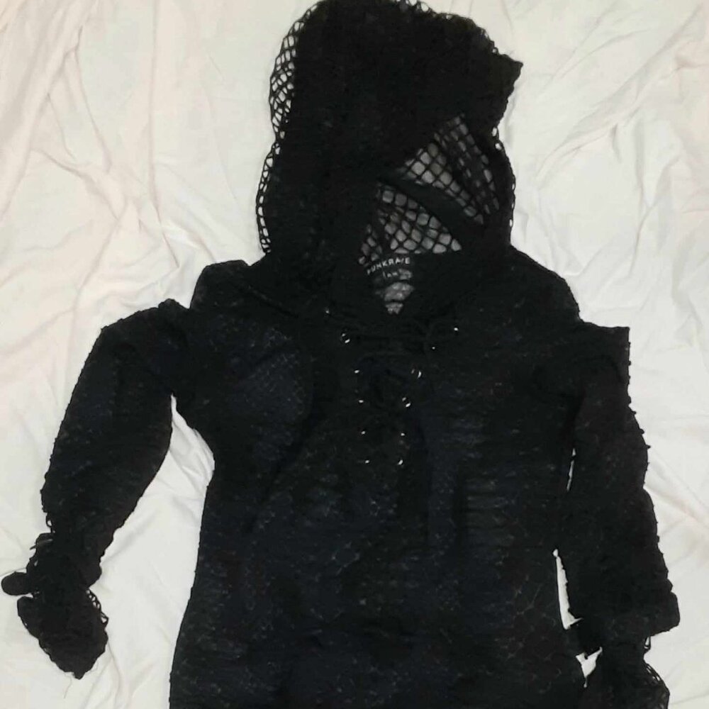 Black Mesh Hooded Women's Top - Picture 3 of 12
